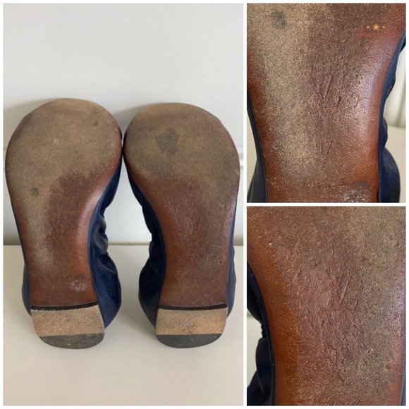 Authentic Louis Vuitton Navy Leather Reptile Toe Bow Scrunch Ballet Flats 37/7 - Picture 8 of 13